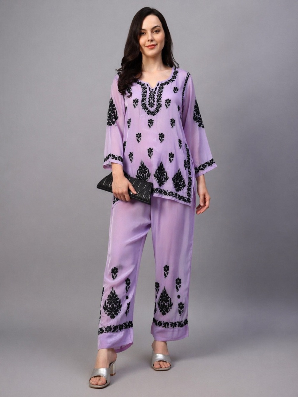 Lavender Two-Piece pant Kurta silk suit with Black Embroidery